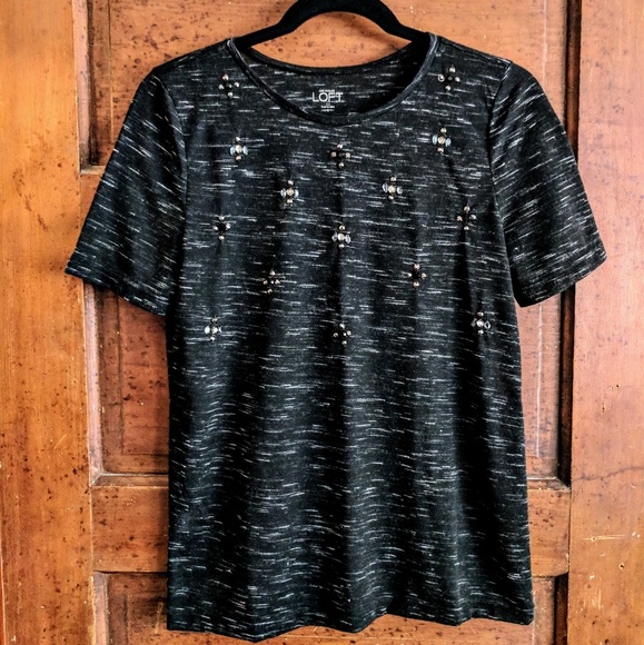 Black Sparkle Halloween Party Ann Taylor LOFT Black Heather T-Shirt Gems Beading - Picture 1 of 3